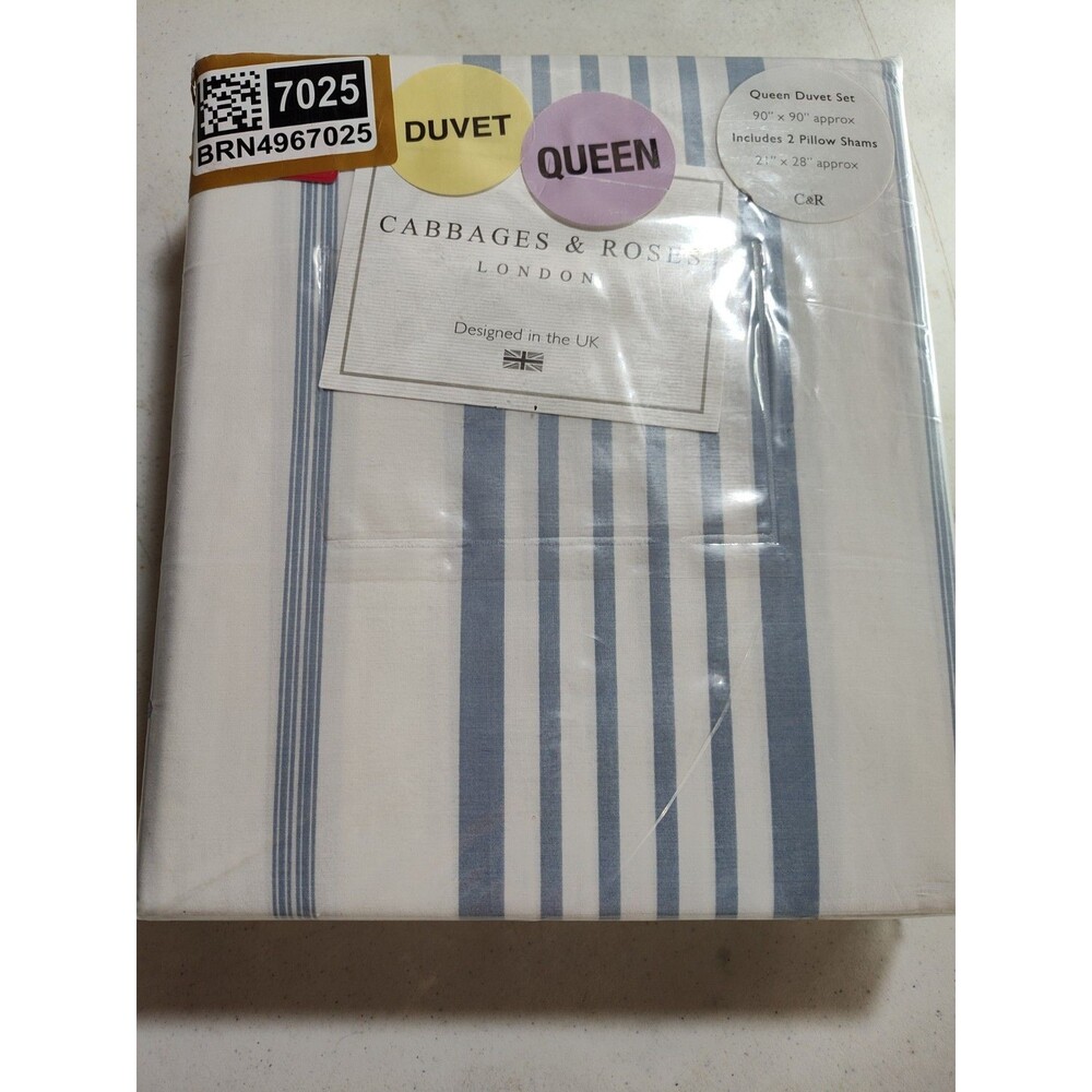 CABBAGES & ROSES Constance Blue Floral 3-Piece QUEEN Duvet Cover Set White (714)